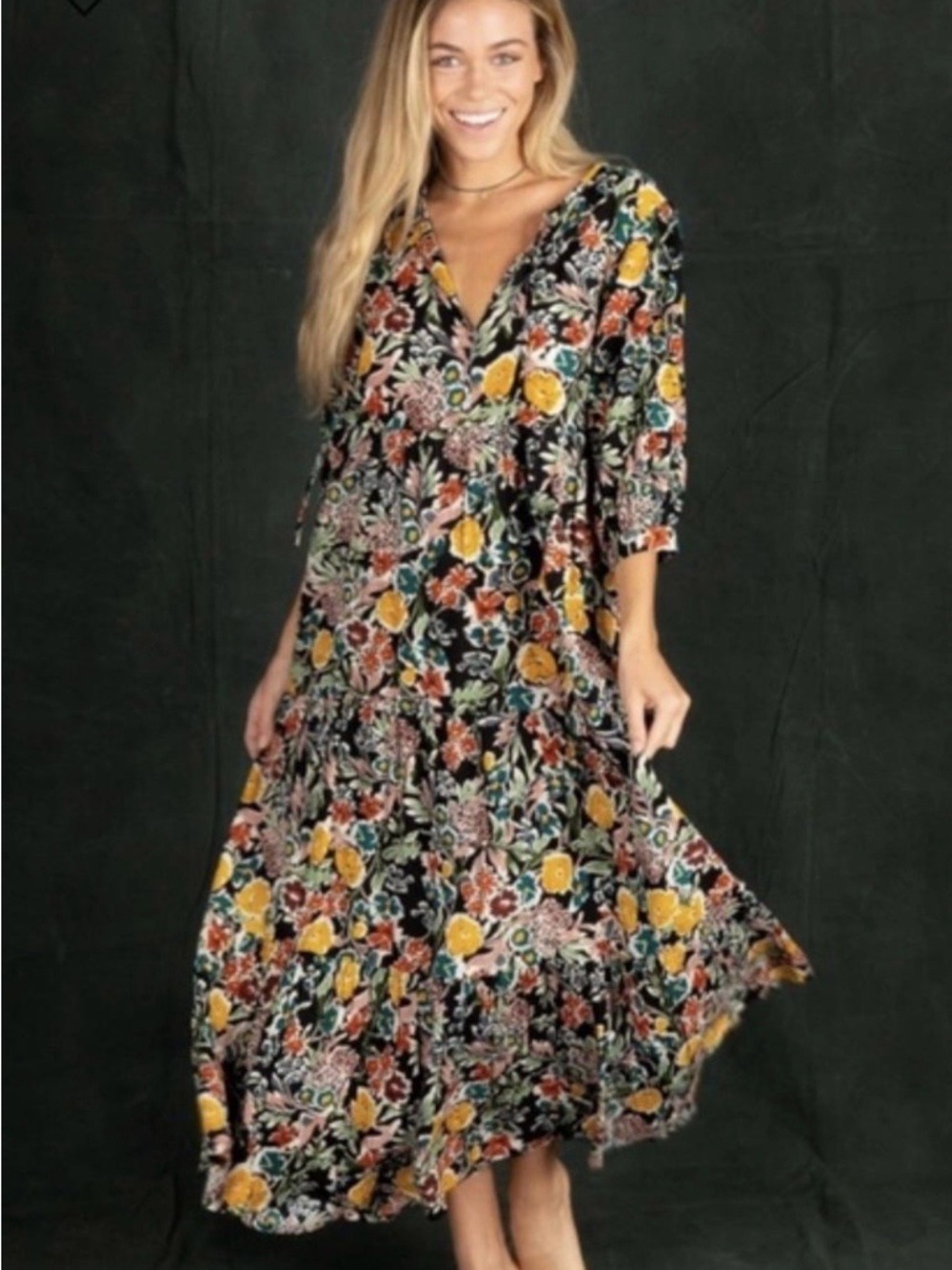 NATURAL LIFE Black Floral Maxi Dress with Yellow & Red Flowers - Picture 2 of 6